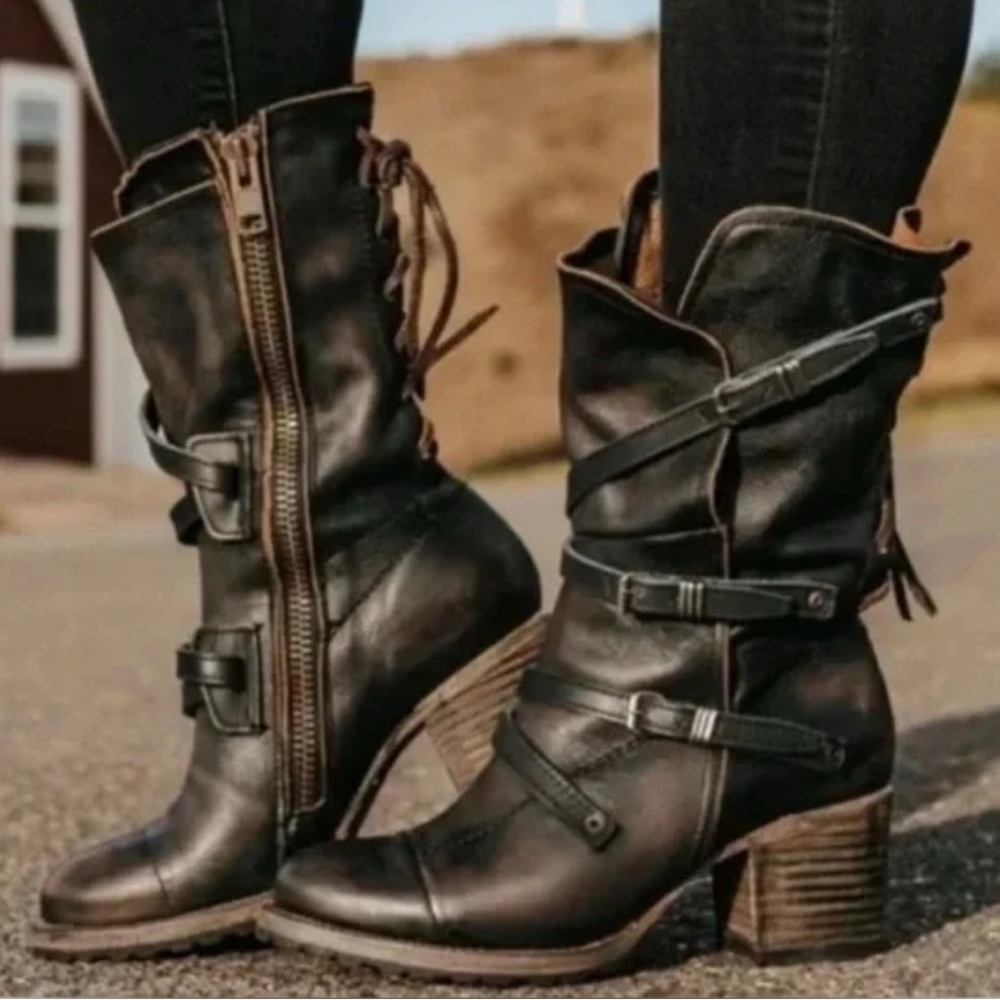 Freebird by Steven Steve Madden Cora Boho Distressed Buckle Lace Up Slouch Boots - Picture 4 of 7